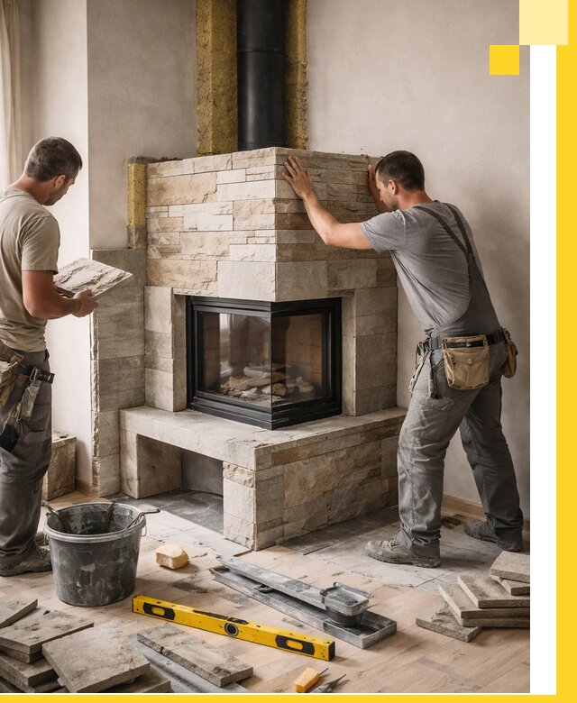 Угловые камины под ключ проект, монтаж и отделка в Шадринске